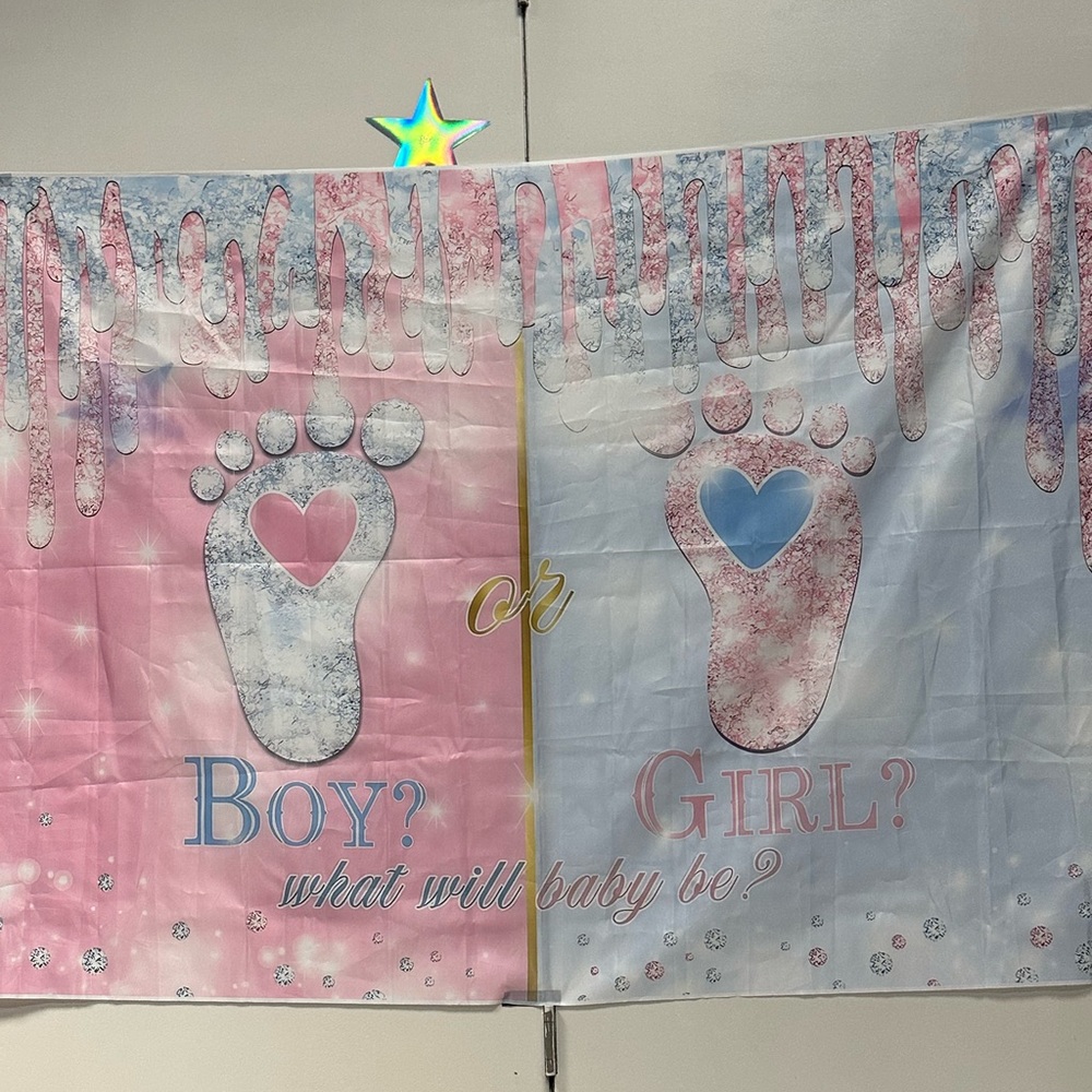 Gender Reveal Backdrop with Footprints and lot of other items